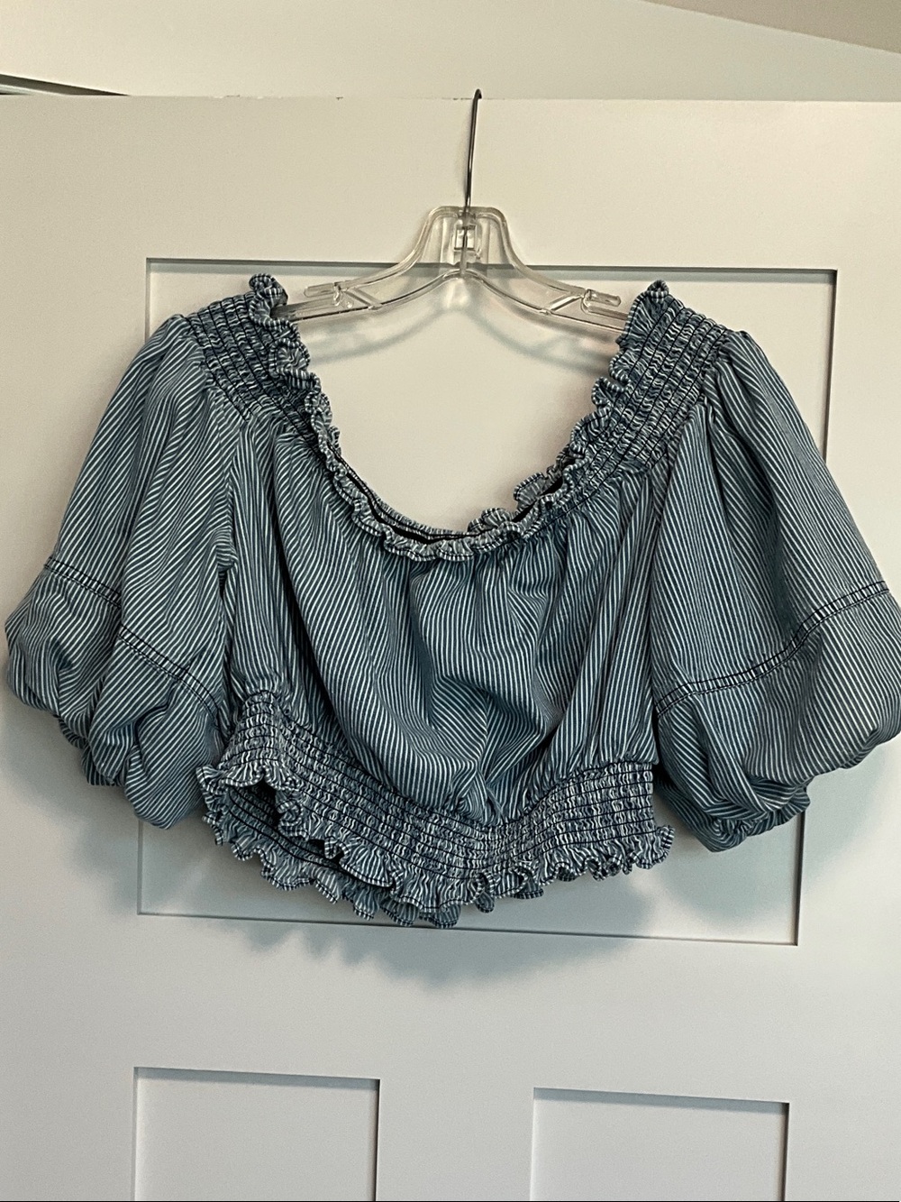 Blue Pinstripe Smocked Off-Shoulder Crop Top with Puff Sleeves